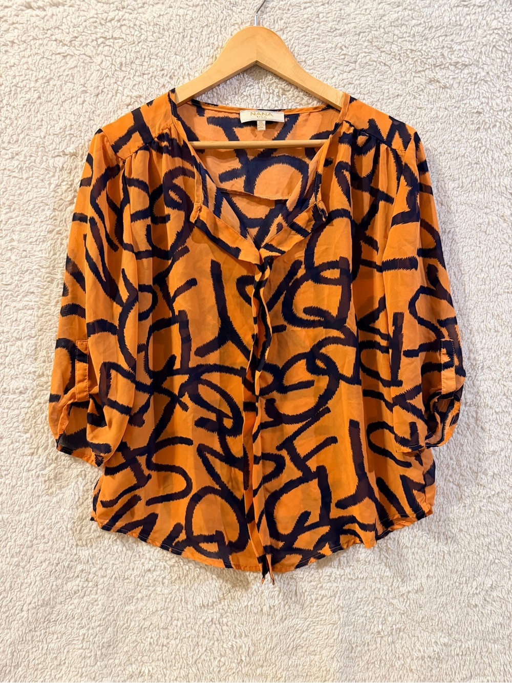 NaNa Orange Blouse with Navy Abstract Scribble Print